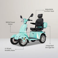 Mobility Scooter with Adjustable Seat & Storage Box, 4-Wheel, 800W Green — infographic