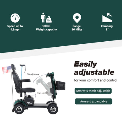 Mobility Scooter 4-Wheel Metal Emerald 16 Mile Range USB Charger 300W